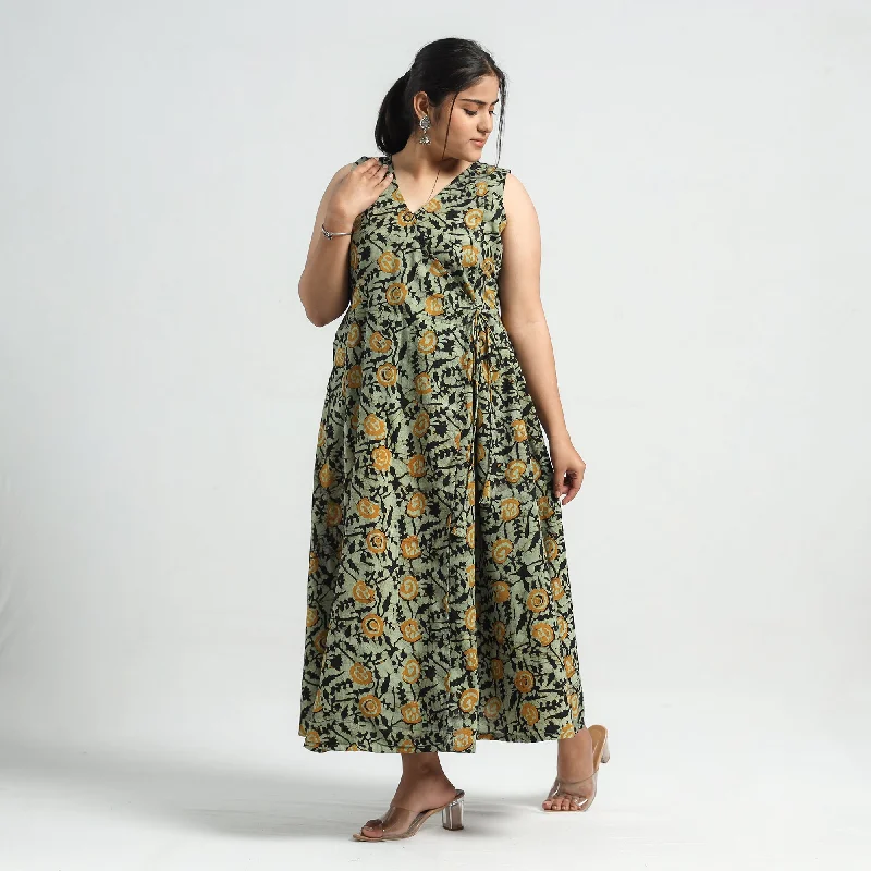 Green - Batik Printed Cotton Angrakha Sleeveless Flared Dress Lightweight floral dresses for hot weather