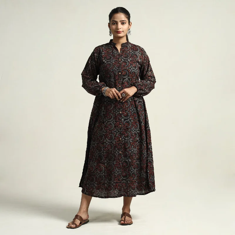 Black - Ajrakh Hand Block Printed Cotton Dress Summer floral dresses