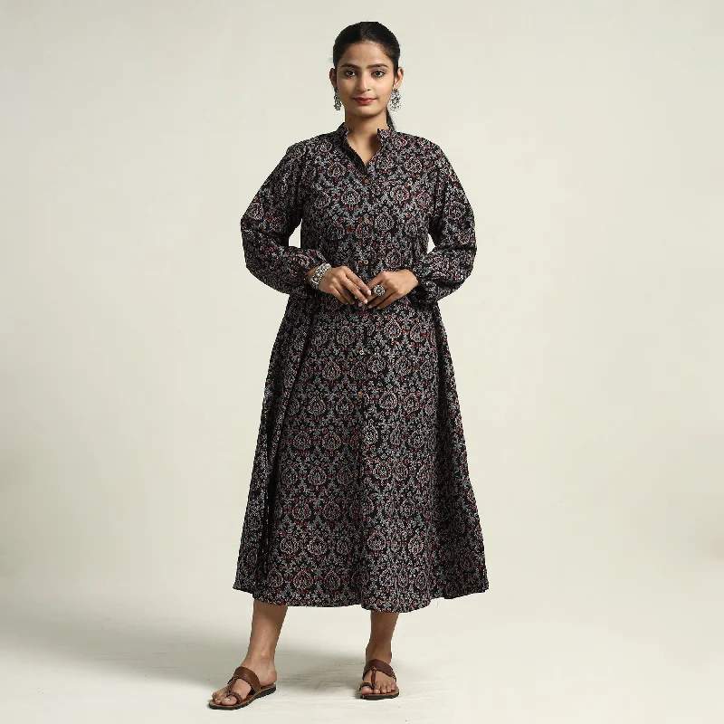 Black - Ajrakh Hand Block Printed Cotton Dress Midi floral dresses