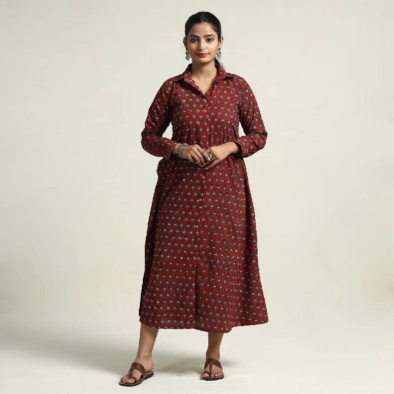 Maroon - Ajrakh Hand Block Printed Cotton Dress Sexy floral print dresses