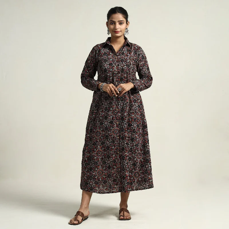 Black - Ajrakh Hand Block Printed Cotton Dress Chiffon floral dresses