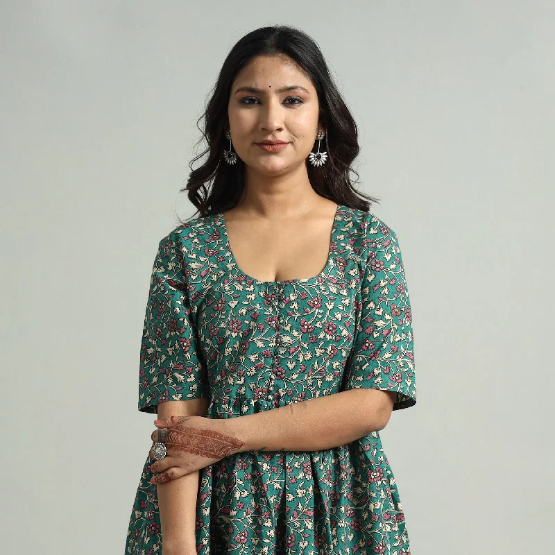 Green - Kalamkari Printed Cotton Flared Gher Dress Boohoo floral dresses