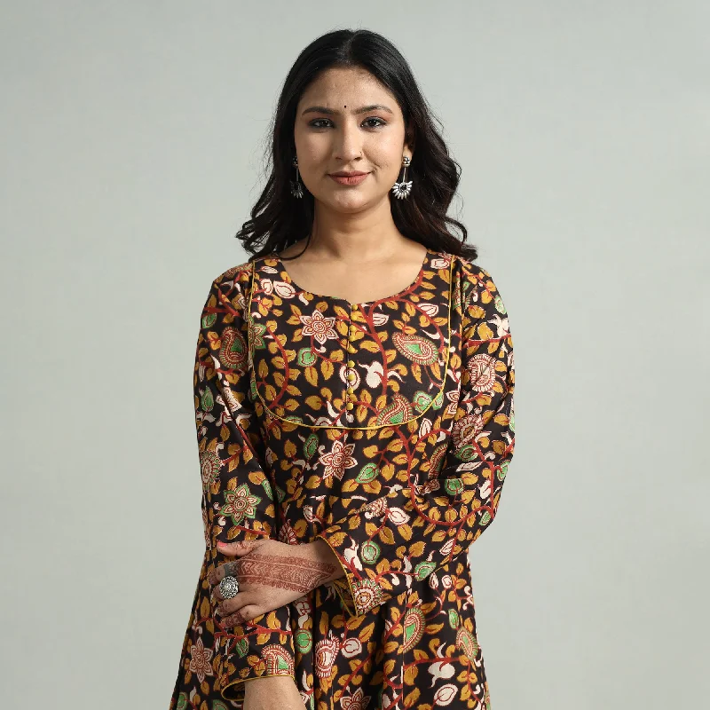 Black - Kalamkari Printed Cotton A-Line Dress Anniversary floral dresses