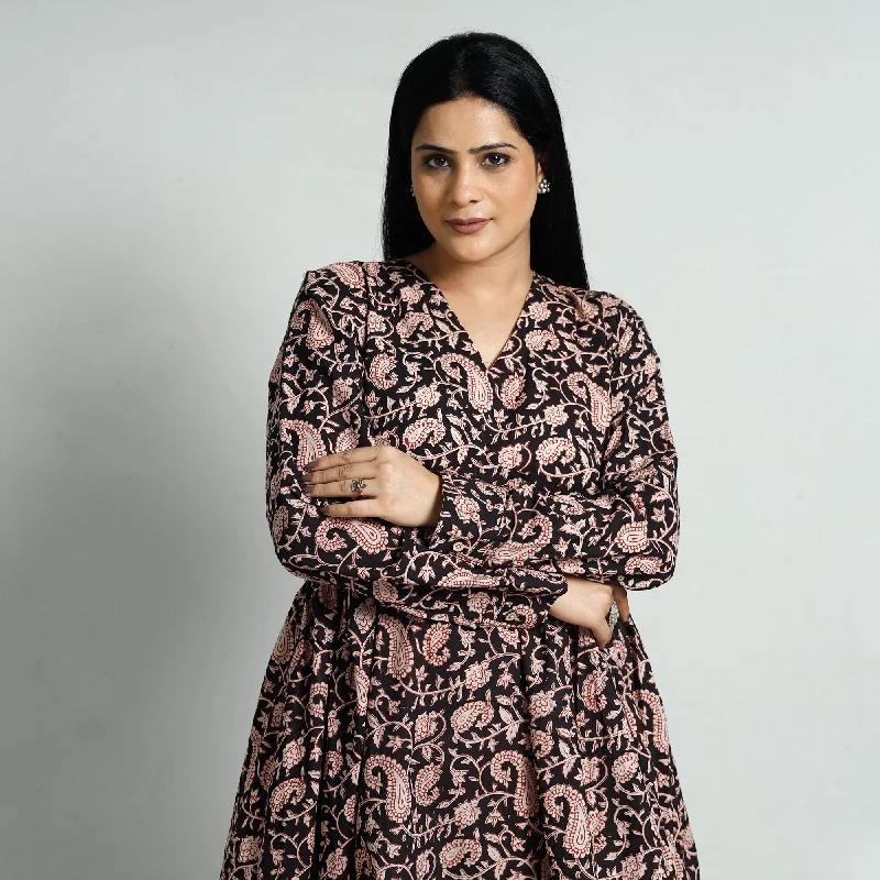 Black - Bagru Block Printed Cotton Flared Dress Flowy floral dresses