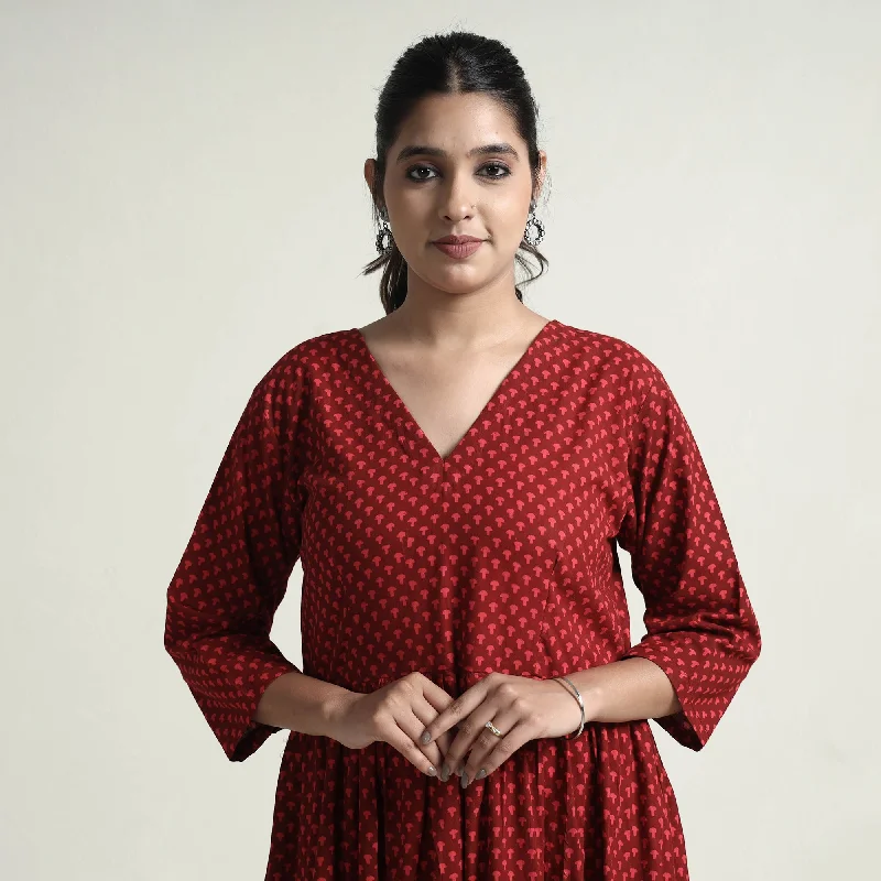 Red - Bagh Block Printed Cotton Dress Tiered floral dresses