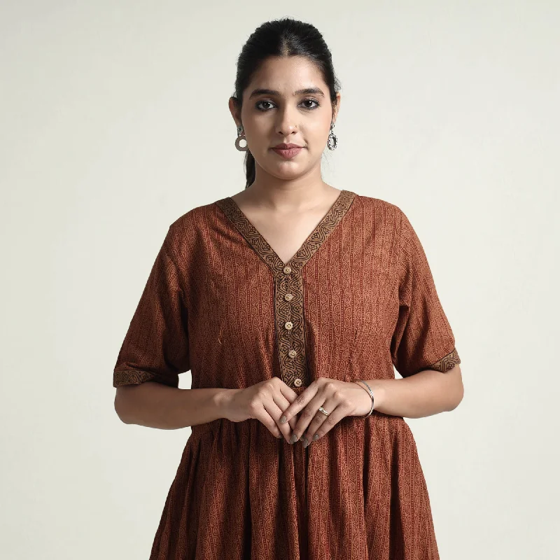 Brown - Bagh Block Printed Cotton Dress Retro floral dresses