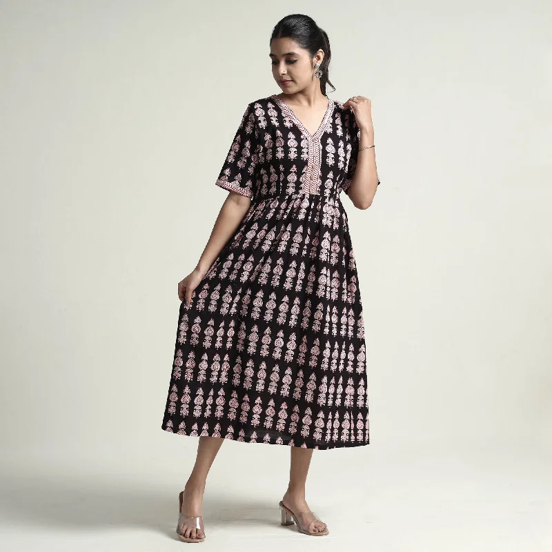 Black - Bagh Block Printed Cotton Dress Romantic floral dresses