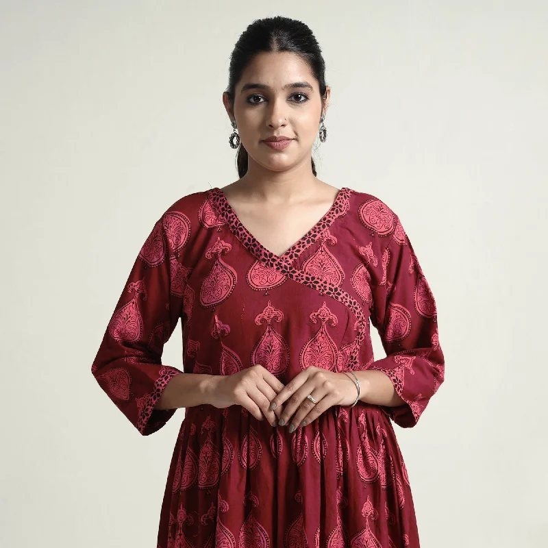 Maroon - Bagh Block Printed Cotton Dress Preppy floral dresses