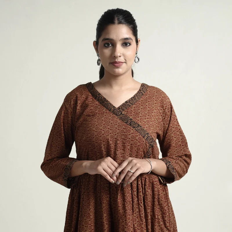 Brown - Bagh Block Printed Cotton Dress Satin floral dresses