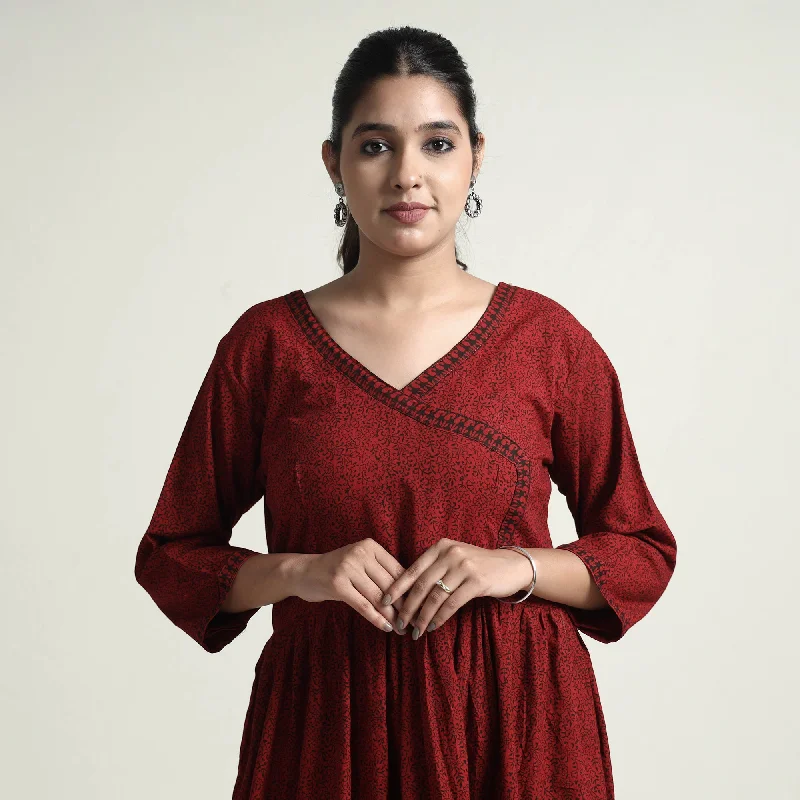 Maroon - Bagh Block Printed Cotton Dress Office floral dresses