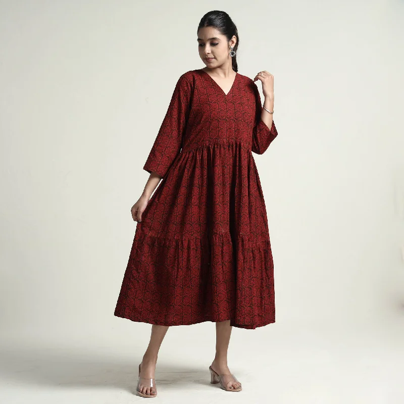 Red - Bagh Block Printed Cotton Dress Casual floral dresses