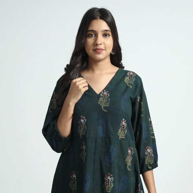 Dark Green - Nandana Hand Block Printed Cotton Dress Cheap floral dresses