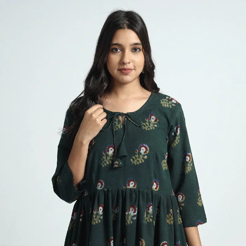 Dark Green - Nandana Hand Block Printed Cotton Dress Cocktail floral dresses