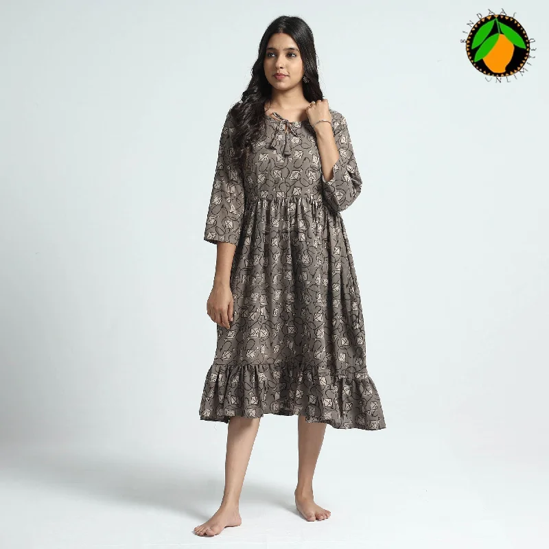 Brown - Bindaas Art Block Printed Cotton Dress Elegant floral dresses