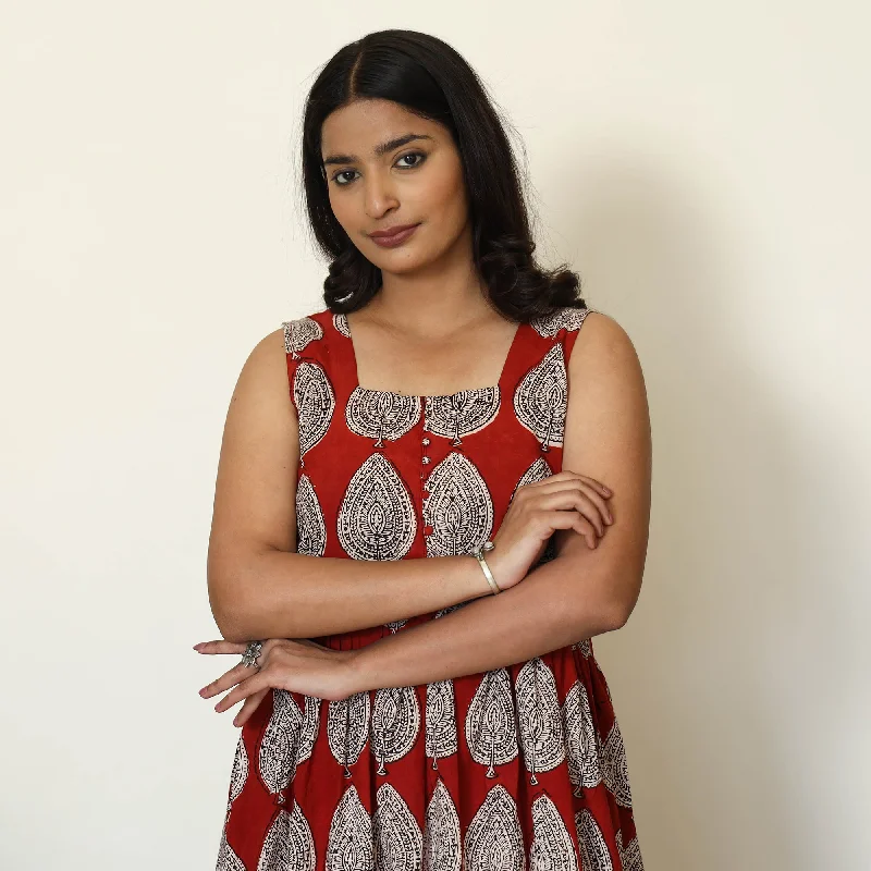 Red - Bagh Hand Block Printed Cotton Dress Party floral dresses