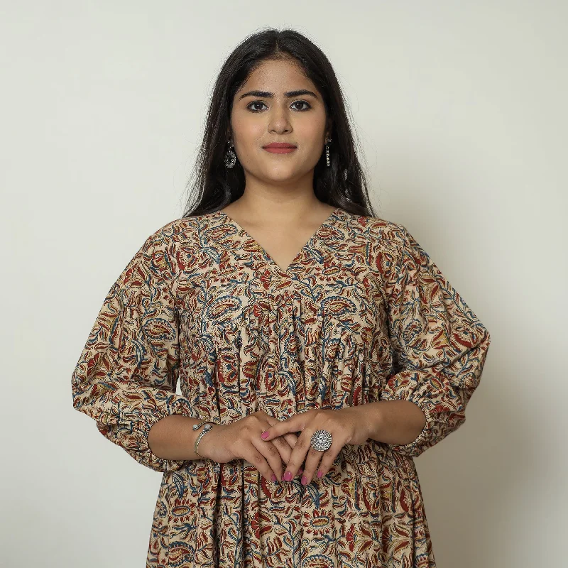 Brown - Pedana Kalamkari Block Printed Cotton Flared Gher Dress 10 Minimalist floral dresses