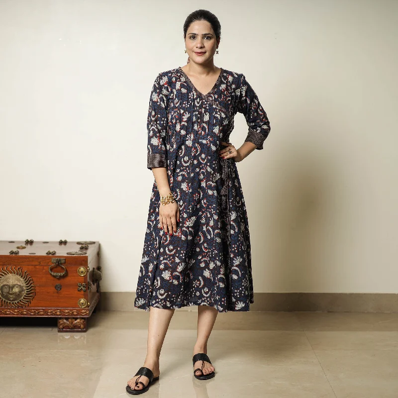 Blue - Bagru Block Printed Cotton Angrakha Flared Dress 08 New Year's Eve floral dresses