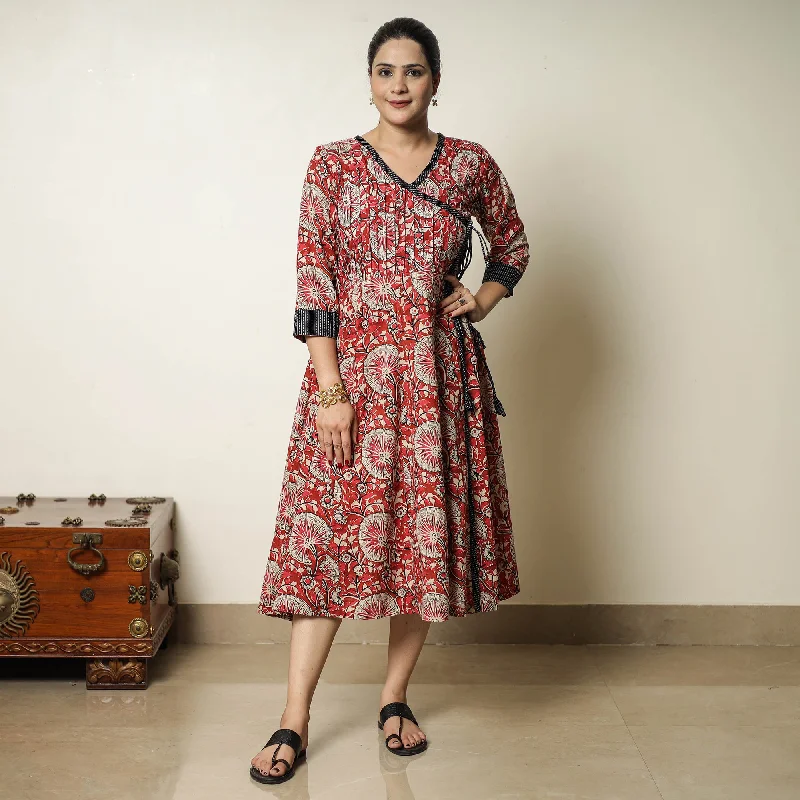 Red - Bagru Block Printed Cotton Angrakha Flared Dress 10 Designer floral dresses