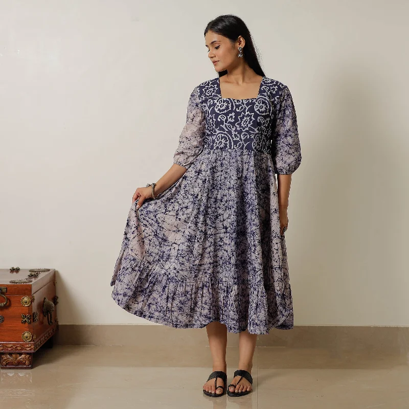 Blue - Hand Batik Printed Cotton Flared Dress 01 Best floral dresses for outdoor weddings