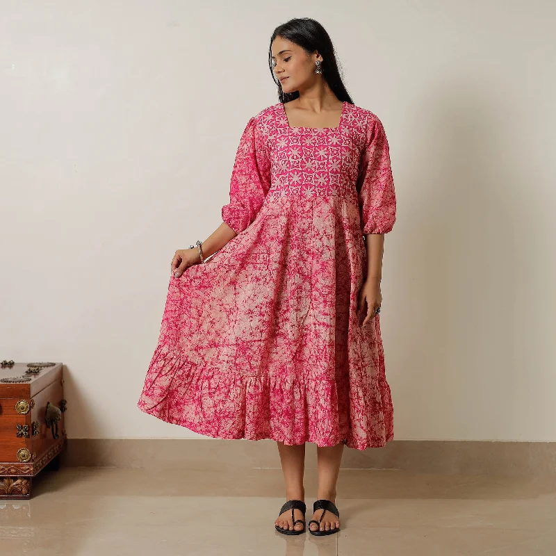 Pink - Hand Batik Printed Cotton Flared Dress 02 Best floral dresses for work