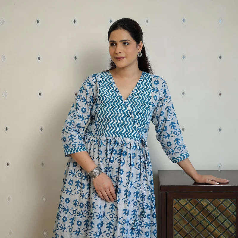 Blue - Pure Cotton Angrakha Batik Print Dress 01 Best floral dresses for plus size