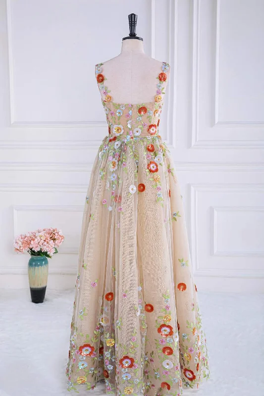 Dusty Pink Sequined Floral Appliques A-line Long Prom Dress Brunch floral dresses