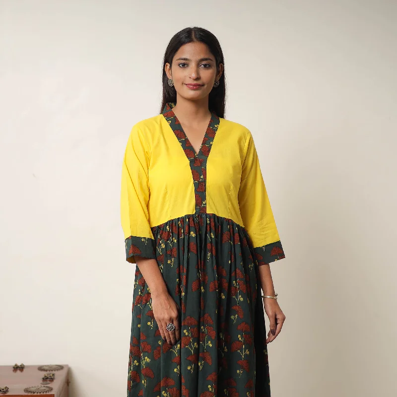 Green - Hand Block Print Cotton Flared Gher Ajrakh Dress 02 Floral dresses under $100