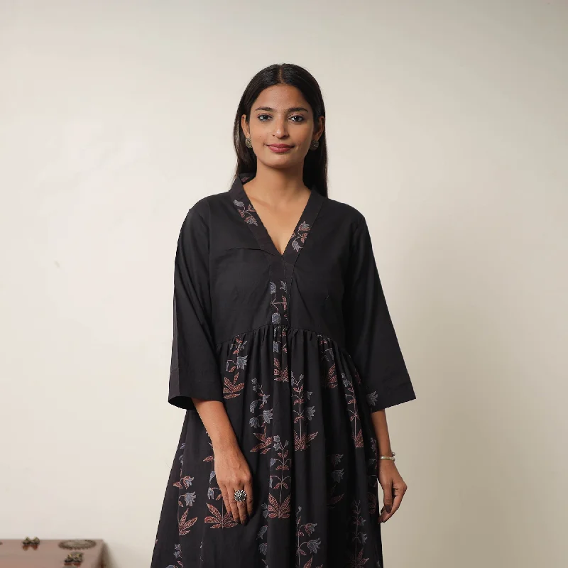 Black - Hand Block Print Cotton Flared Gher Ajrakh Dress 03 Best floral dresses for casual outings