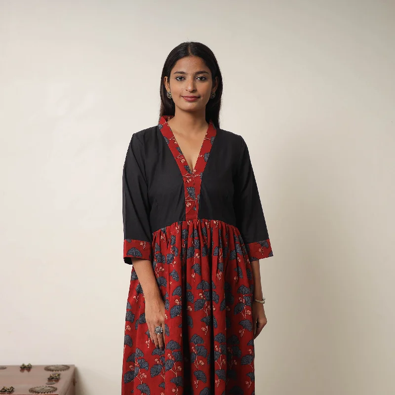 Red - Hand Block Print Cotton Flared Gher Ajrakh Dress 05 Best floral dresses for beach vacations