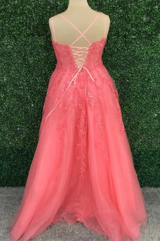 Hot Pink Floral Lace Backless A-Line Prom Dress Best floral dresses for tall women