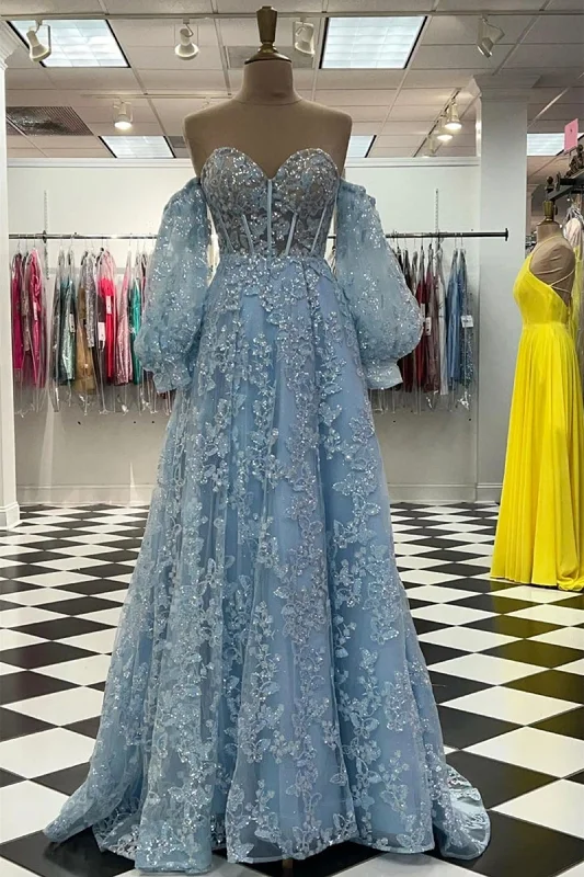 Sweetheart Neck Blue Lace Appliques Long Corset Prom Dress, With Long Sleeves Blue Lace Floral Corset Formal Graduation Evening Dress outfit Long floral dresses