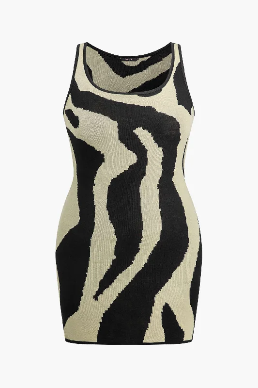 Plus Size Zebra Print Sleeveless Knit Mini Dress Casual Skater Skirt