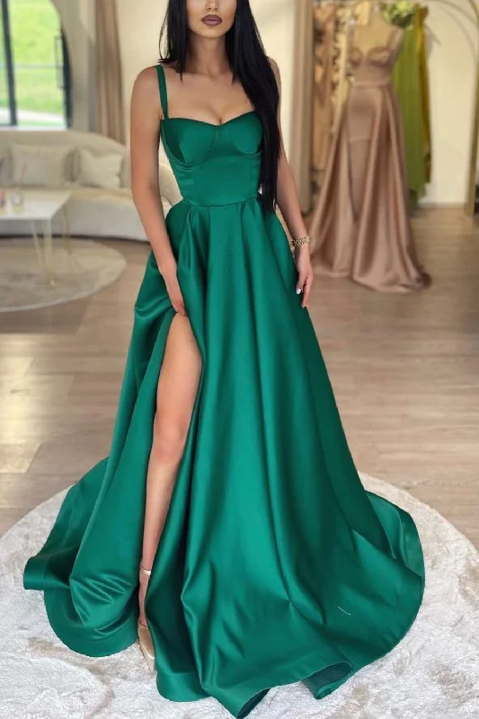 A-Line Spaghetti Straps Empire-Waist Satin Pleated Long Prom Dress with Slit Soft Pleated Maxi