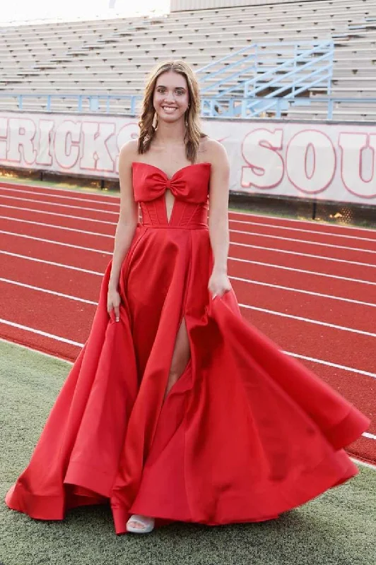 A-Line Strapless Bow Empire-Waist Sleeveless Satin Long Prom Dress with Slit Skirt with Slits