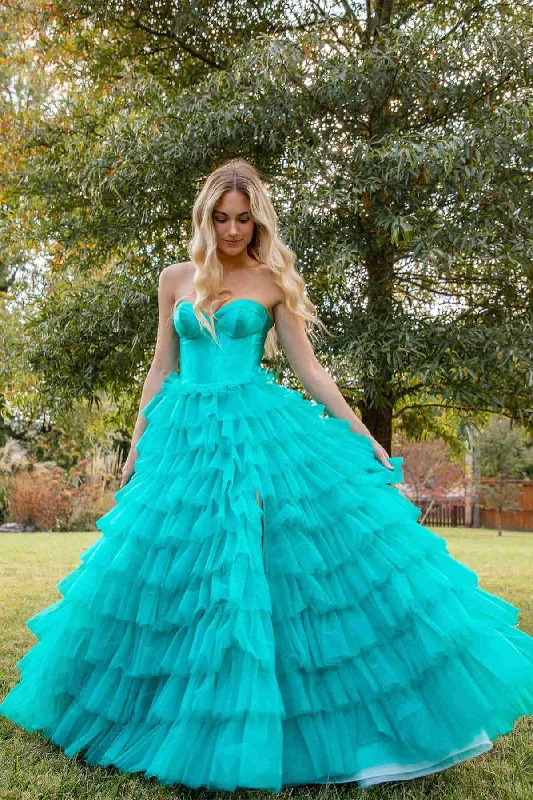 A-Line Strapless Sweetheart Ruffles Empire-Waist Sleeveless Long Prom Dress Maxi Skirt Fashion