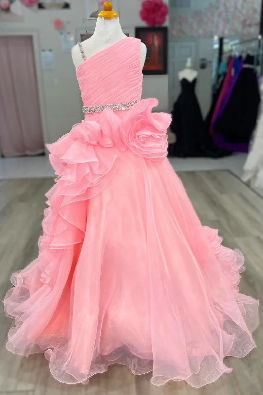 Asymmetrical Beaded Ruffle Long Girl Pageant Dress in Pink Long Boho Skirt