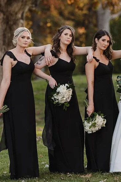 Black Flutter Straps V Neck Chiffon Long Bridesmaid Dress Vintage Maxi Skirt