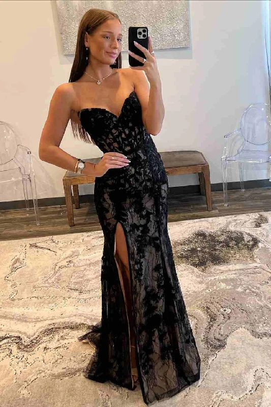 Black Strapless V-Neck Lace Appliques Side Slit Long Prom Dress Front Pocket Maxi