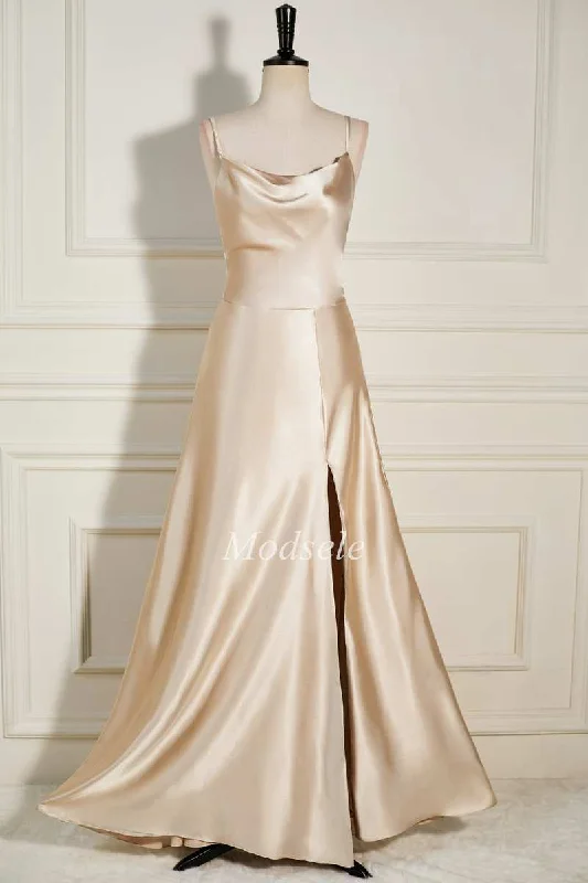 Champagne Cowl Neck A-Line Long Dress with Spaghetti Straps Printed Maxi Skirt