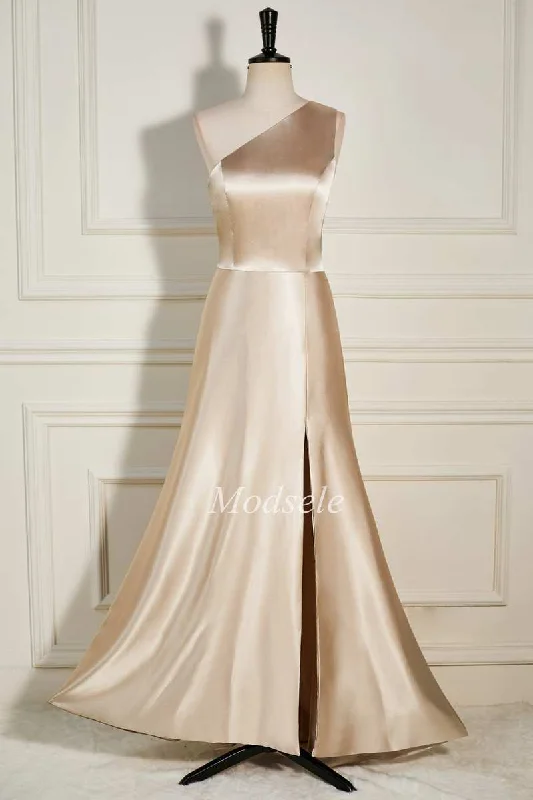 Champagne One-Shoulder A-Line Long Dress Ruffled Maxi Skirt