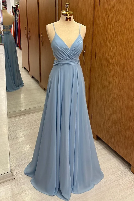 Dusty Blue Chiffon Lace-Up A-Line Long Bridesmaid Dress Maxi Skirt Set