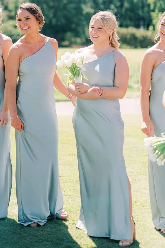 Dusty Sage One-Shoulder Sheath Long Bridesmaid Dress Full Maxi Skirt