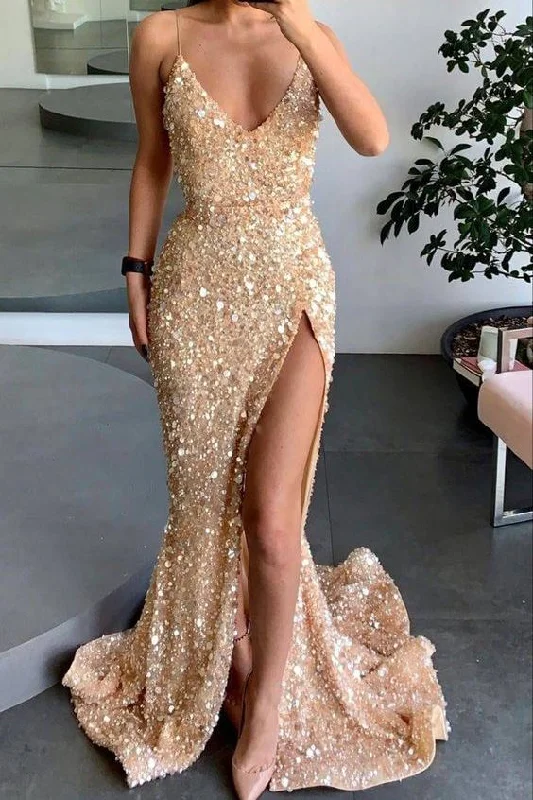 Gold Spaghetti Straps Sequined High Slit Sleeveless Mermaid Long Prom Dress Cozy Maxi Skirt