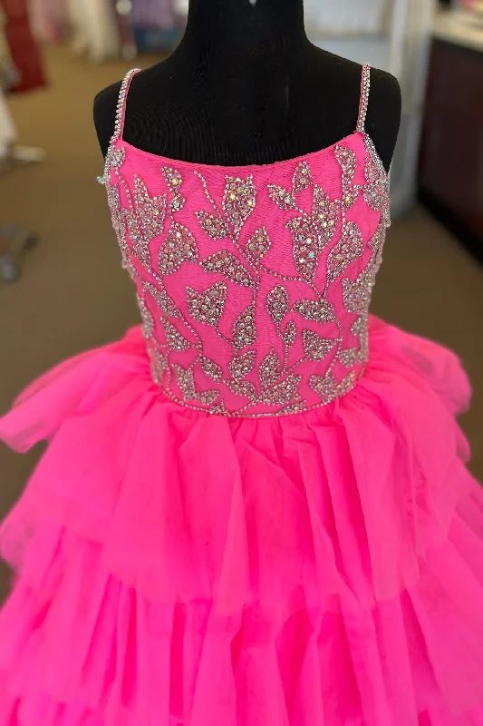 Hot Pink Beaded Tiered Long Girl Pageant Dress Tartan Maxi Skirt