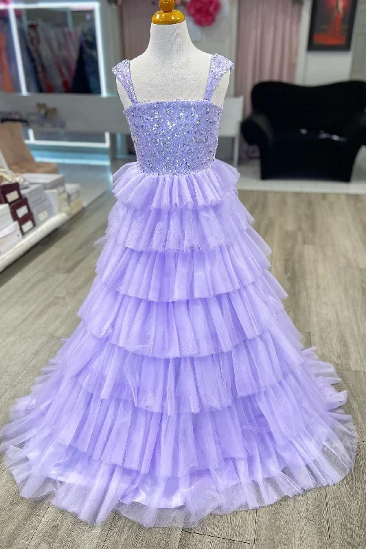 Lavender Straps A-Line Tiered Long Girl Pageant Dress with Ruffles Elegant Long Skirt