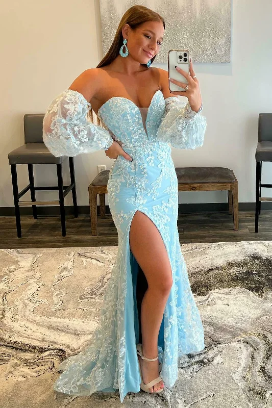 Light Blue Lace Strapless Puff Sleeve Long Prom Dress Trendy Maxi Skirt