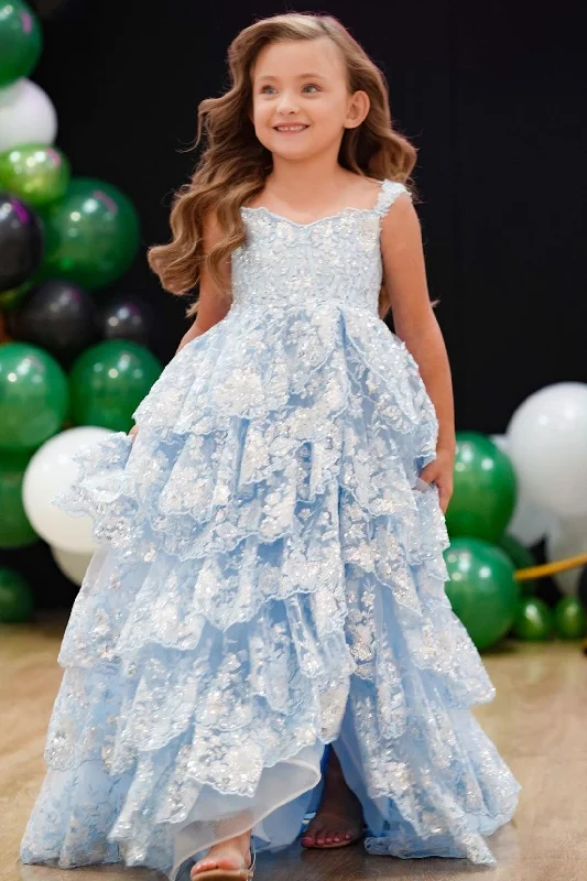 Light Blue Tull Sequin Ruffle Multi-Layer Long Girl Pageant Dress Maxi Skirt Glam