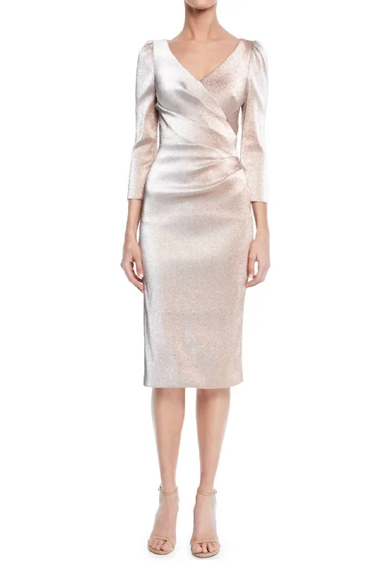 Metallic Stretch V-Neck Long Sleeve Dress In Silver Rose Stretch Maxi Skirt