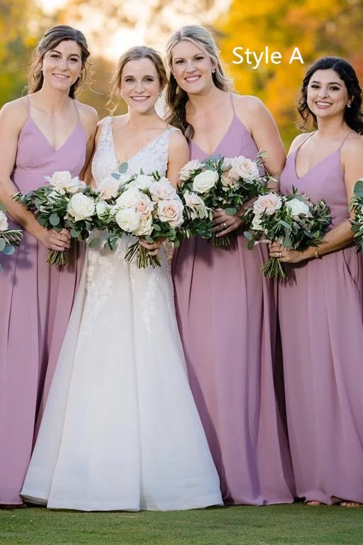 Mismatched Mauve Chiffon V Neck Long Bridesmaid Dress Tulle Maxi Skirt