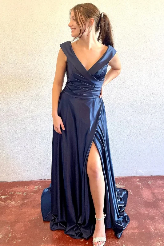 Navy Surplice A-Line Long Formal Dress with Slit Soft Maxi Dress